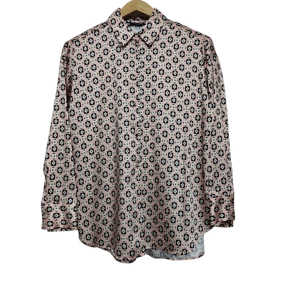 Zara Womens S Geometric Blouse Retro Diamond Pattern Button Down Shirt